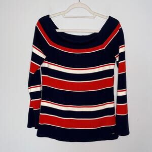 Tommy Hilfiger Womens Striped Sweater Size L Boat Neck Navy Red Preppy Stretchy